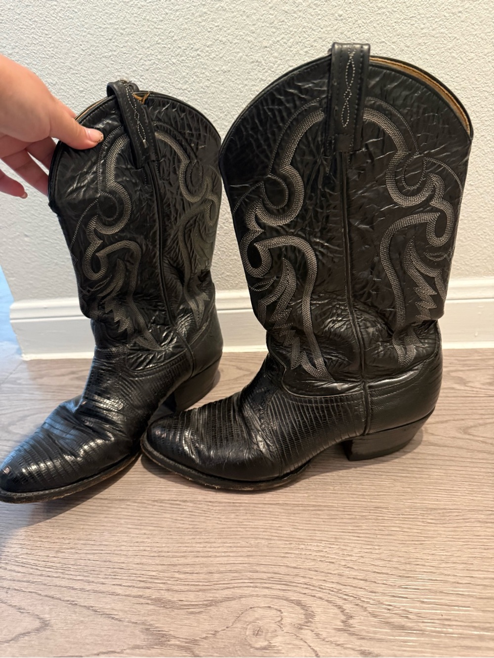 Tony Lama Black Embossed Western Pull-On Boots